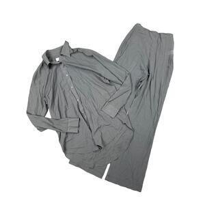 L’Acadamie - Semi Sheer Long Sleeve Button Front Shirt & Wide Leg Pants in Gray